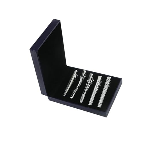 LIXSAZSE 5 teiliges modisches Krawattenklammer Set aus gebürstetem Silber für formelle Herren mit Krawattenklammerverschluss und schicker schwarzer Box, 5 Stück mit Box von LIXSAZSE