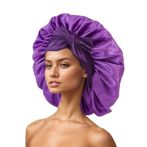 LIXSAZSE Atmungsaktive Satin Seiden Haarhaube für lockiges Haar. Verabschieden Sie sich von Frizz. Hergestellt aus Satin. Breite Krempe. Kopftuch für Kinder, dunkellila von LIXSAZSE