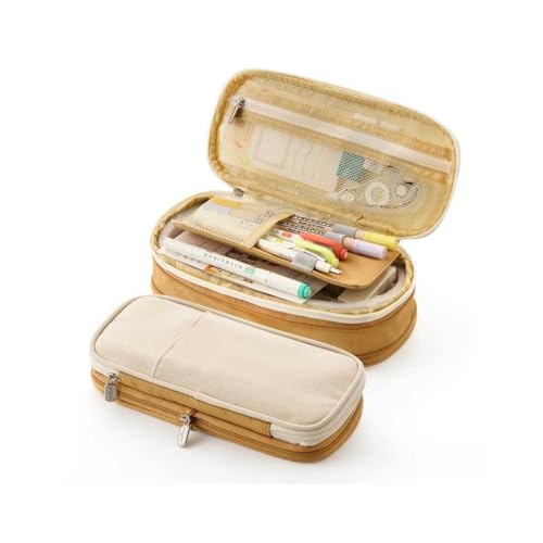 LIXSAZSE Federmäppchen Dual Layer Große Kapazität Bleistifte Etui Tasche Halter Baumwolle Leinen Schreibwaren Aufbewahrung Organizer Studentenbüro, Khaki von LIXSAZSE