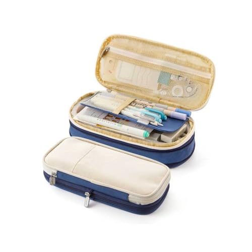 LIXSAZSE Federmäppchen Dual Layer Große Kapazität Bleistifte Etui Tasche Halter Baumwolle Leinen Schreibwaren Aufbewahrung Organizer Studentenbüro, Navy blau von LIXSAZSE