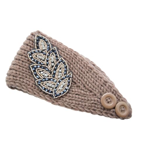 LIXSAZSE Gehäkelte Stirnbänder, winddichtes Blattmuster mit Strasssteinen, breites gestricktes Stirnband, Haarband, Haarschmuck für Mädchen, Khaki von LIXSAZSE