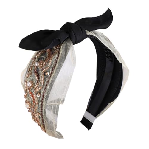 LIXSAZSE Haarbänder Nähen Bowknot Ethnic Twist Knot Stirnband Vintage Style Haarband Spitzenperlen Breite Stirnbänder Damen Accessoires, Beige Perlenschleife von LIXSAZSE