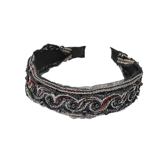 LIXSAZSE Haarbänder Nähen Bowknot Ethnic Twist Knot Stirnband Vintage Style Haarband Spitzenperlen Breite Stirnbänder Damen Accessoires, Schwarze Perle von LIXSAZSE