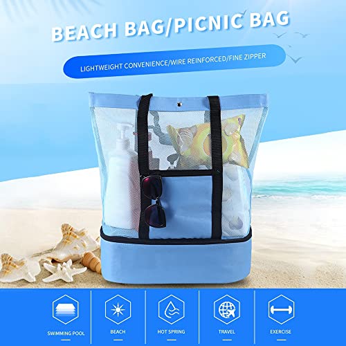 LIYJTK Große isolierte Strandtasche mit Seitentaschen für Essen Getränke Früchte Spielzeug Handtücher Camping Wandern (Blau) von LIYJTK