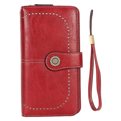 LIYJTK RFID blockieren große Kapazität Leder Brieftasche Double Snap Button Frauen Brieftasche mit abnehmbarem Handgelenkriemen (Weinrot) von LIYJTK