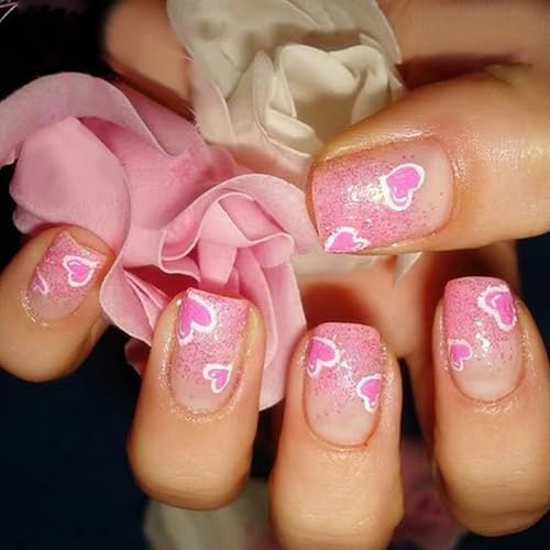 24 Stück Valentinstag Nägel Zum Aufdrücken Kurze Quadratische Form Künstliche Acrylnägel Mit Herz Designs Zum Aufkleben Auf Die Nägel Für Frauen von LIbgiubhy