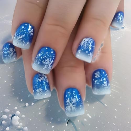 Künstliche Nägel, Schneeflocke, volle Abdeckung, zum Aufkleben, Blau, glitzernde künstliche Nägel, Weihnachten, zum Aufdrücken für Damen von LIbgiubhy