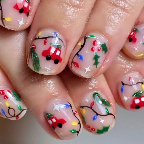 Weihnachten Press On Nails Kurze Quadratische Falsche Nägel Weihnachten Lichtstreifen Stick On Nails Cartoon Auto Falsche Nägel Für Mädchen von LIbgiubhy