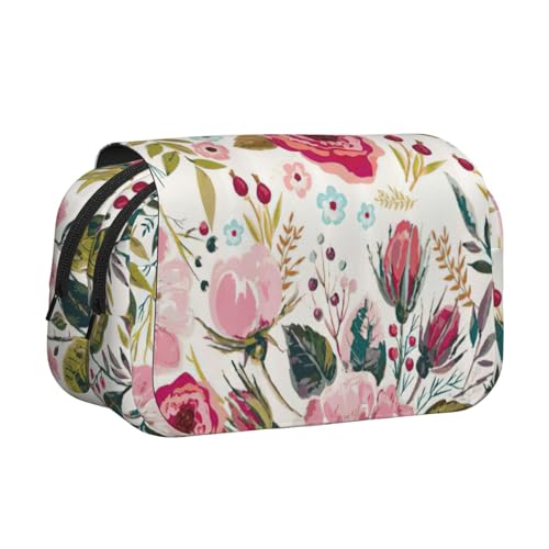 Doppel-Klapp-Federmäppchen mit Blumenblatt-Aufdruck, 2-lagiges Federmäppchen mit Reißverschlusstaschen, für Jungen und Mädchen von LJABCVNN