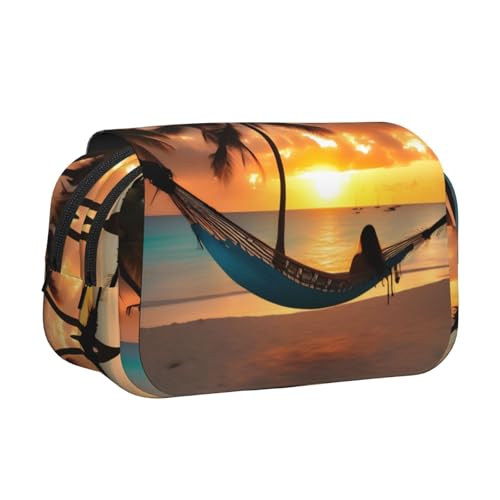 LJABCVNN Coconut Beach Sunset Hammock Print Double Clamshell Pen Case, 2-Layer Pencil Pouch with Zipper Pockets for Boys & Girls von LJABCVNN