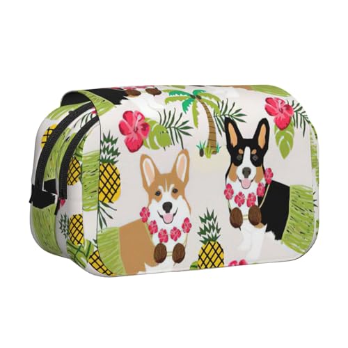 LJABCVNN Corgi Federmäppchen mit tropischem Ananas-Druck, zweilagiges Federmäppchen, 2-lagiges Federmäppchen mit Reißverschlusstaschen, für Jungen und Mädchen von LJABCVNN