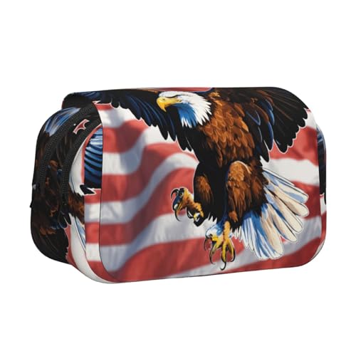 LJABCVNN Doppel-Klapp-Federmäppchen, Adler mit USA-Flagge, 2-lagiges Federmäppchen mit Reißverschlusstaschen, für Jungen und Mädchen von LJABCVNN