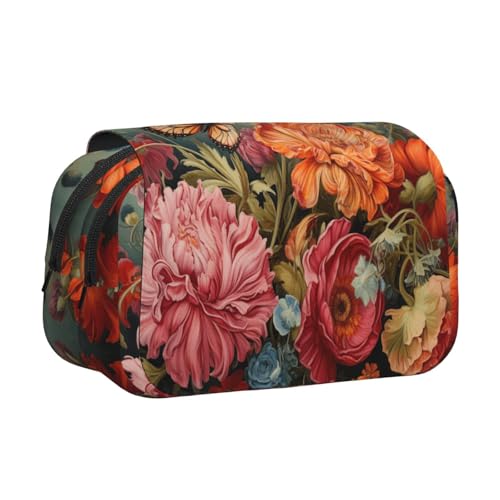 LJABCVNN Doppel-Klapp-Federmäppchen mit Blumen- und Schmetterlings-Aufdruck, 2-lagiges Federmäppchen mit Reißverschlusstaschen, für Jungen und Mädchen von LJABCVNN