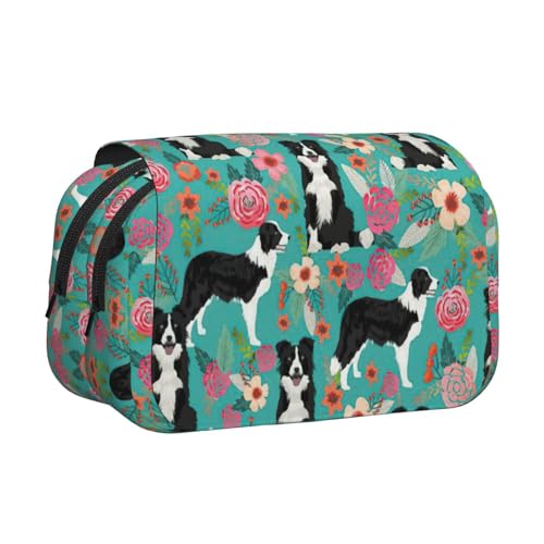 LJABCVNN Doppel-Klapp-Federmäppchen mit Border Collie-Blumenmuster, 2-lagiges Federmäppchen mit Reißverschlusstaschen, für Jungen und Mädchen von LJABCVNN
