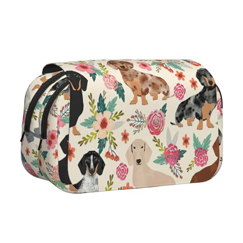 LJABCVNN Doppel-Klapp-Federmäppchen mit Dackel-Blumendruck, 2-lagiges Federmäppchen mit Reißverschlusstaschen, für Jungen und Mädchen von LJABCVNN