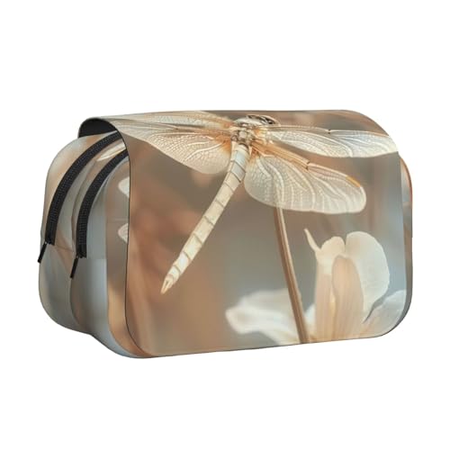 LJABCVNN Doppel-Klapp-Federmäppchen mit Libellen- und Blumendruck, 2-lagiges Federmäppchen mit Reißverschlusstaschen, für Jungen und Mädchen von LJABCVNN