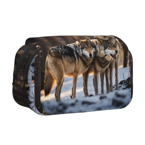 LJABCVNN Doppel-Klappetui mit Wolfs-Aufdruck, 2-lagiges Federmäppchen mit Reißverschlusstaschen, für Jungen und Mädchen von LJABCVNN
