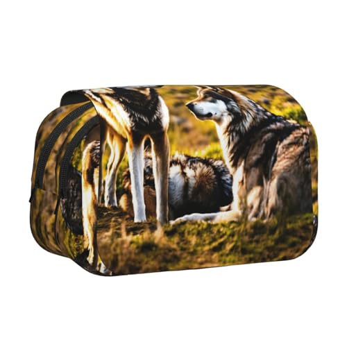 LJABCVNN Doppel-Klappetui mit Wolfs-Aufdruck, 2-lagiges Federmäppchen mit Reißverschlusstaschen, für Jungen und Mädchen von LJABCVNN