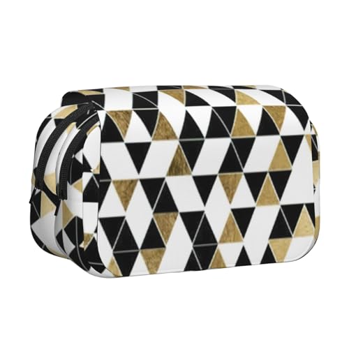 LJABCVNN Fashion Modern Black White Gold Triangles Print Double Clamshell Pen Case 2-Layer Pencil Pouch with Zipper Pockets for Boys & Girls von LJABCVNN
