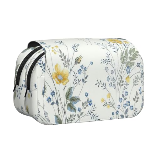 LJABCVNN Federmäppchen, doppeltes Klappetui, 2-lagiges Federmäppchen mit Reißverschlusstaschen, für Jungen und Mädchen, Blau mit Blumenmuster und Rosen von LJABCVNN