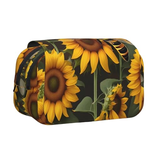 LJABCVNN Federmäppchen mit Bienen- und Sonnenblumen-Aufdruck, doppeltes Klappetui, 2-lagiges Federmäppchen mit Reißverschlusstaschen, für Jungen und Mädchen von LJABCVNN