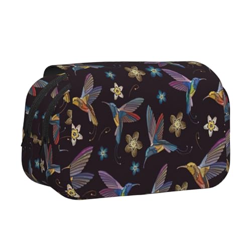 LJABCVNN Federmäppchen mit Blumen-Kolibri-Stickerei, doppeltes Klapp-Federmäppchen, 2-lagiges Federmäppchen mit Reißverschlusstaschen, für Jungen und Mädchen von LJABCVNN
