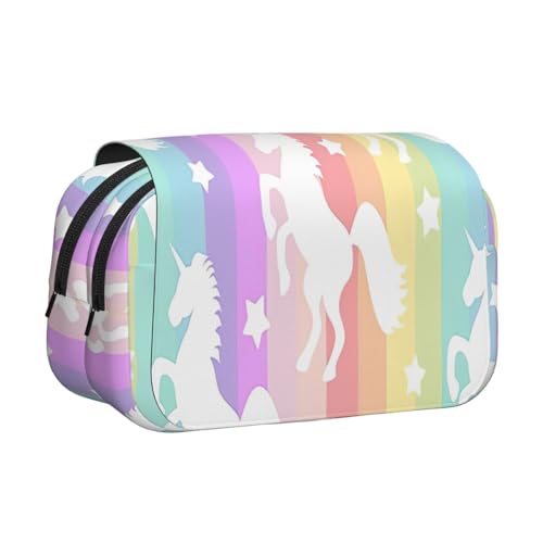 LJABCVNN Federmäppchen mit Einhörnern auf bunten Streifen, doppeltes Klappetui, 2-lagiges Federmäppchen mit Reißverschlusstaschen, für Jungen und Mädchen von LJABCVNN