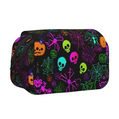 LJABCVNN Federmäppchen mit Halloween-Totenkopf-Aufdruck, doppeltes Klappetui, 2-lagiges Federmäppchen mit Reißverschlusstaschen, für Jungen und Mädchen von LJABCVNN