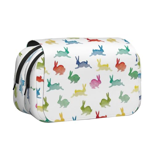 LJABCVNN Federmäppchen mit Hasen in verschiedenen Posen, doppeltes Klappetui, 2-lagiges Federmäppchen mit Reißverschlusstaschen, für Jungen und Mädchen von LJABCVNN