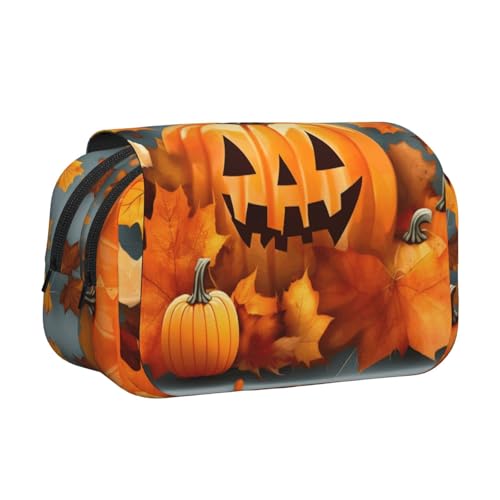 LJABCVNN Federmäppchen mit Herbstblättern, Kürbisdruck, doppeltes Klapp-Federmäppchen, 2-lagiges Federmäppchen mit Reißverschlusstaschen, für Jungen und Mädchen von LJABCVNN