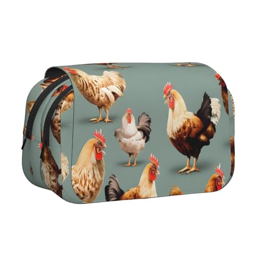 LJABCVNN Federmäppchen mit Hühner-Aufdruck, doppeltes Klappetui, 2-lagiges Federmäppchen mit Reißverschlusstaschen, für Jungen und Mädchen von LJABCVNN