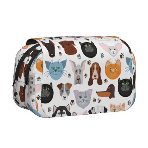 LJABCVNN Federmäppchen mit Katzen- und Hundegesichtern, Bulldogge, Beagle, Labrador, doppeltes Klappetui, 2-lagiges Federmäppchen mit Reißverschlusstaschen, für Jungen und Mädchen von LJABCVNN