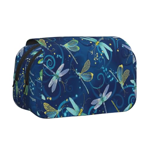 LJABCVNN Federmäppchen mit Libellen-Druck, doppeltes Klappetui, 2-lagiges Federmäppchen mit Reißverschlusstaschen, für Jungen und Mädchen, Blau von LJABCVNN