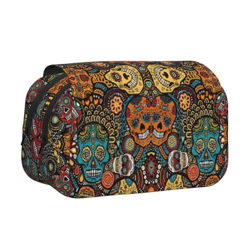 LJABCVNN Federmäppchen mit buntem Totenkopf-Aufdruck, doppeltes Klapp-Federmäppchen, 2-lagiges Federmäppchen mit Reißverschlusstaschen, für Jungen und Mädchen von LJABCVNN