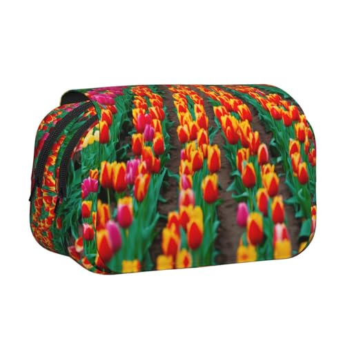 LJABCVNN Federmäppchen mit buntem Tulpenmuster, doppeltes Klappetui, 2-lagiges Federmäppchen mit Reißverschlusstaschen, für Jungen und Mädchen von LJABCVNN