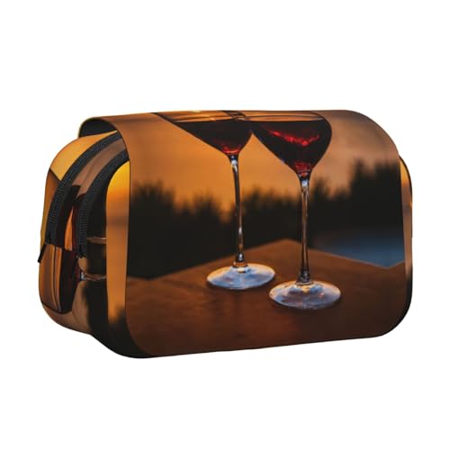 LJABCVNN Federmäppchen mit doppeltem Klappetui, 2-lagiges Federmäppchen mit Reißverschlusstaschen, für Jungen und Mädchen, Rotwein-Aufdruck von LJABCVNN