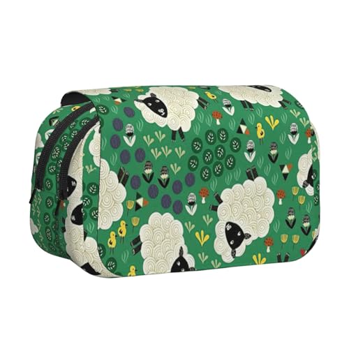 LJABCVNN Federmäppchen mit niedlichem Cartoon-Schaf-Druck, doppeltes Klapp-Federmäppchen, 2-lagiges Federmäppchen mit Reißverschlusstaschen, für Jungen und Mädchen von LJABCVNN