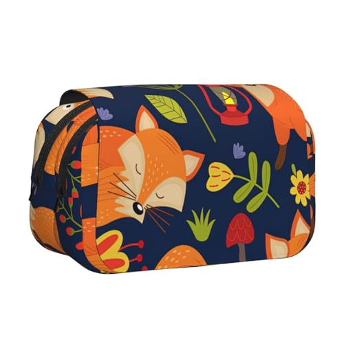 LJABCVNN Federmäppchen mit niedlichem Fuchs-Blumendruck, doppeltes Klapp-Federmäppchen, 2-lagiges Federmäppchen mit Reißverschlusstaschen, für Jungen und Mädchen von LJABCVNN