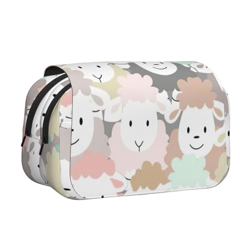 LJABCVNN Federmäppchen mit niedlichem buntem Schaf, Cartoon-Muster, doppeltes Klapp-Federmäppchen, 2-lagiges Federmäppchen mit Reißverschlusstaschen, für Jungen und Mädchen von LJABCVNN