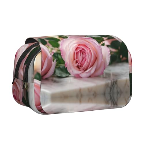 LJABCVNN Federmäppchen mit rosa Rosenmuster, doppeltes Klappetui, 2-lagiges Federmäppchen mit Reißverschlusstaschen, für Jungen und Mädchen von LJABCVNN