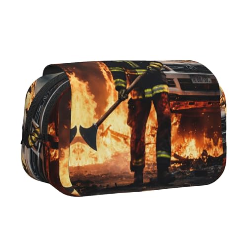 LJABCVNN Feuerwehrmann Feuerwehrmann Flammendruck Doppel-Klapp-Federmäppchen 2-lagiges Federmäppchen mit Reißverschlusstaschen für Jungen und Mädchen von LJABCVNN