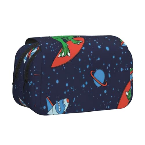 LJABCVNN Lustiges Federmäppchen mit Astronauten-Dinosaurier-Raketen-Druck, doppeltes Klapp-Federmäppchen, 2-lagiges Federmäppchen mit Reißverschlusstaschen, für Jungen und Mädchen von LJABCVNN