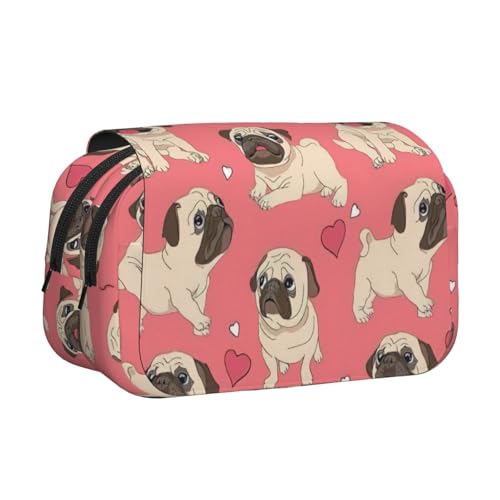 LJABCVNN Lustiges Federmäppchen mit Mops-Motiv, doppeltes Klapp-Federmäppchen, 2-lagiges Federmäppchen mit Reißverschlusstaschen, für Jungen und Mädchen von LJABCVNN