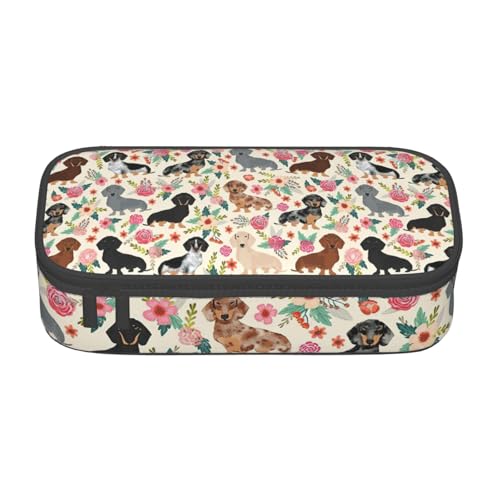 LJABCVNN Multifunktionales Federmäppchen mit Dackel-Blumendruck, Schreibwaren-Organizer-Box für Damen und Herren von LJABCVNN