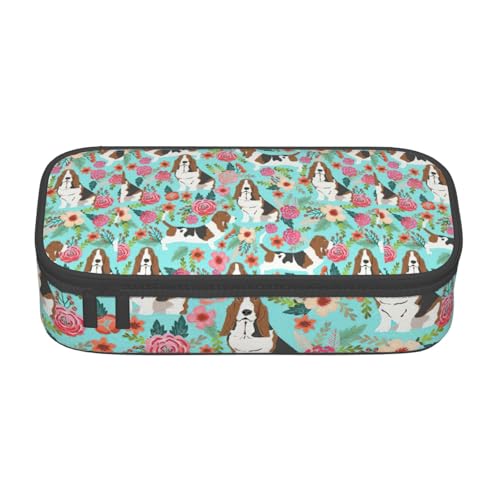LJABCVNN Multifunktionales Federmäppchen mit süßem Basset Hound Blumendruck, Schreibwaren-Organizer-Box für Damen und Herren LJABCVNN Multifunktionales Federmäppchen mit süßem Basset Hound Blumendruck, Schreibwaren-Organizer-Box für Damen und Herren von LJABCVNN