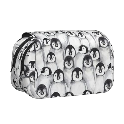 LJABCVNN Niedliches Federmäppchen mit Baby-Pinguin-Skizzendruck, doppeltes Klapp-Federmäppchen, 2-lagiges Federmäppchen mit Reißverschlusstaschen, für Jungen und Mädchen von LJABCVNN