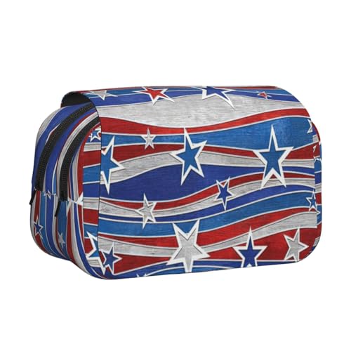 LJABCVNN Patriotic Stars Strips Independence Day Druck-Doppel-Klapp-Federmäppchen, 2-lagiges Federmäppchen mit Reißverschlusstaschen, für Jungen und Mädchen von LJABCVNN