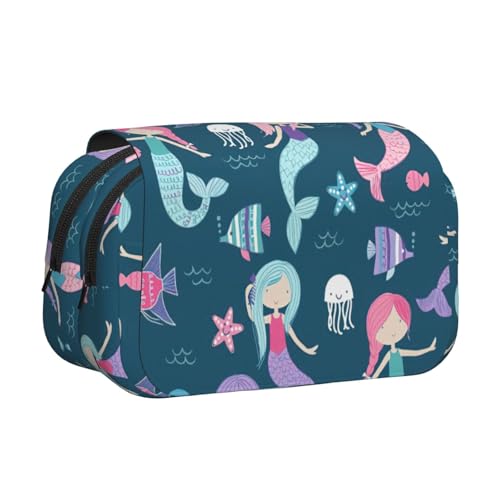 LJABCVNN Schönes Federmäppchen mit Meerjungfrauen-Aufdruck, doppeltes Klapp-Federmäppchen, 2-lagiges Federmäppchen mit Reißverschlusstaschen, für Jungen und Mädchen von LJABCVNN