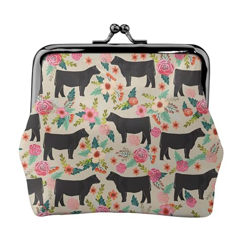 Pink Flower Show Steer Cows Cattle Print Damen Mikrofaser Leder Kiss Lock Münzbörse Mini Geldbörse für Karten und Lippenstift von LJABCVNN