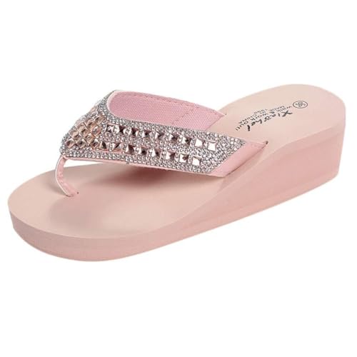 LJCYUAN SuanlaTDS Flops Mode Sommer Strand Hausschuhe Damenschuhe Casual Flip Wedges Strass Damen Slipper Frauen Flip Flop (Rosa, 5.5), Schwarz, 6 von LJCYUAN